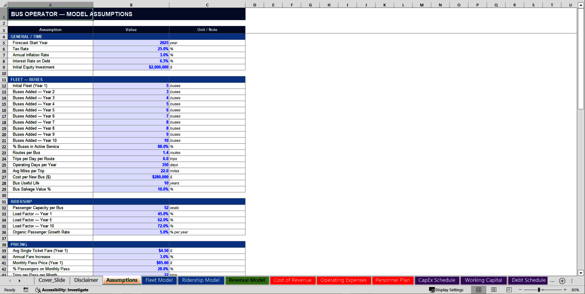 Bus Operator 10-Year 3 Statement Financial Model (Excel template (XLSX)) Preview Image