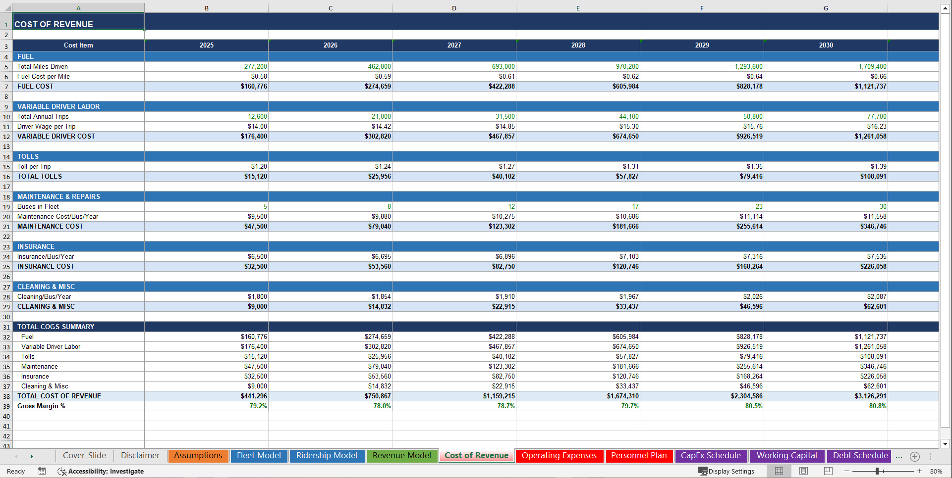 Bus Operator 10-Year 3 Statement Financial Model (Excel template (XLSX)) Preview Image
