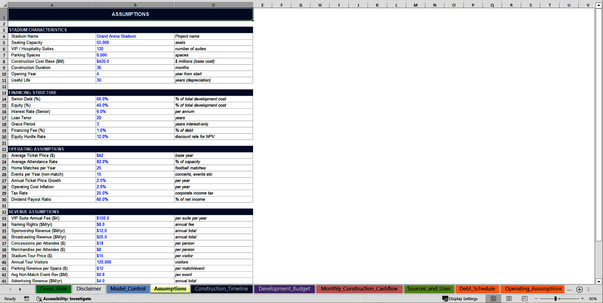 Football Stadium Development & Operations Financial Model (Excel template (XLSX)) Preview Image