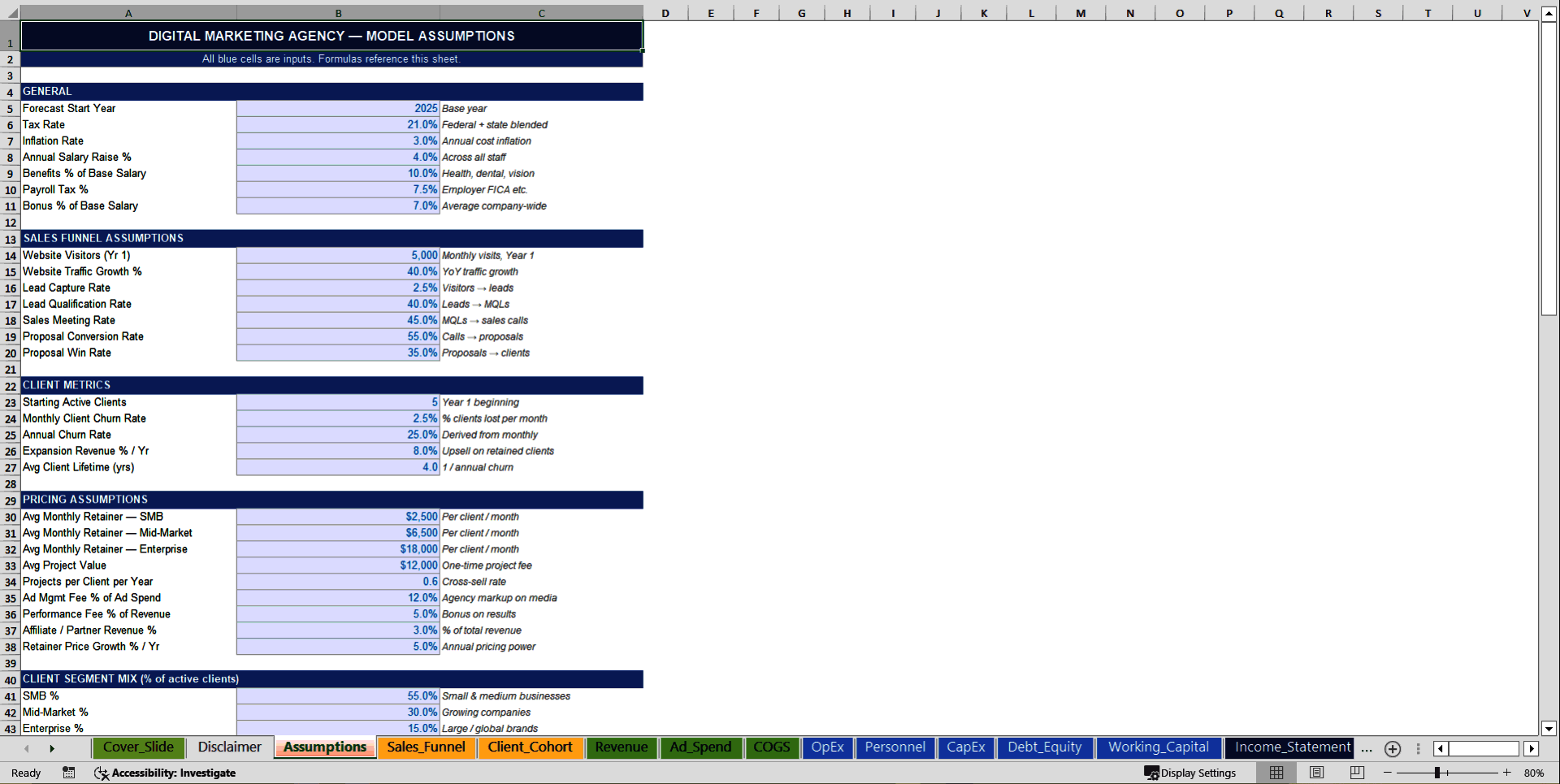 Digital Marketing Agency 10-Year 3 Statement Financial Model (Excel template (XLSX)) Preview Image