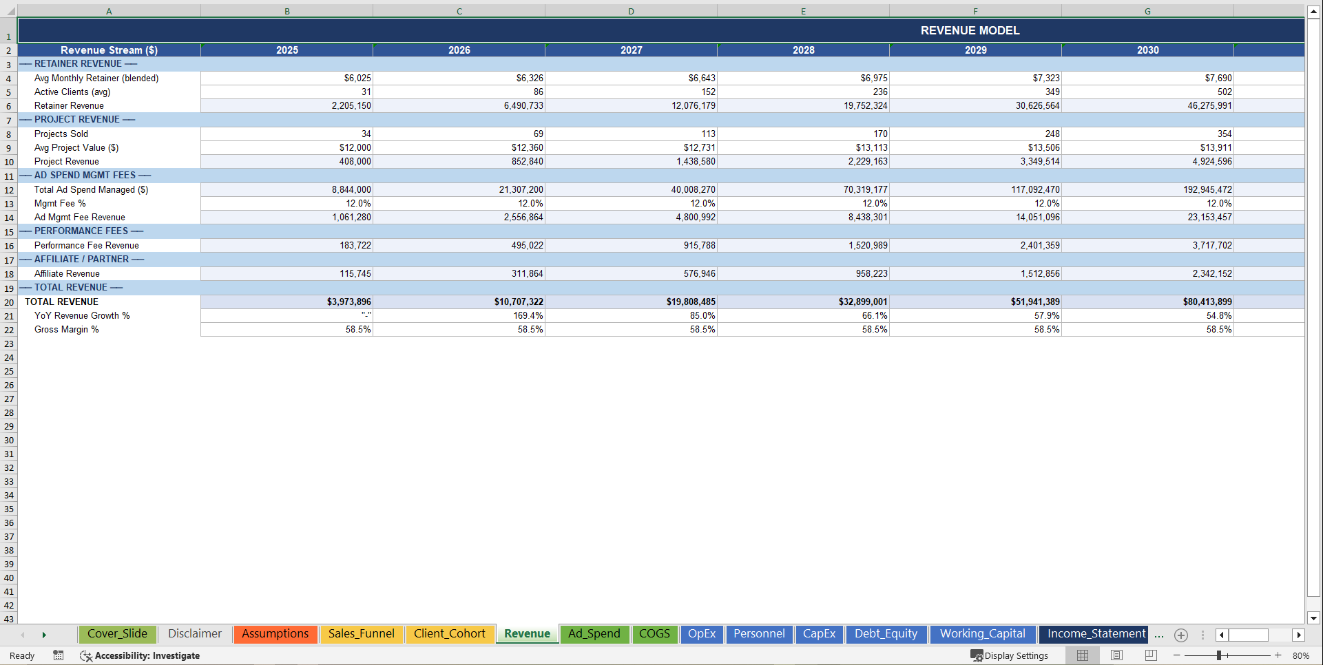 Digital Marketing Agency 10-Year 3 Statement Financial Model (Excel template (XLSX)) Preview Image