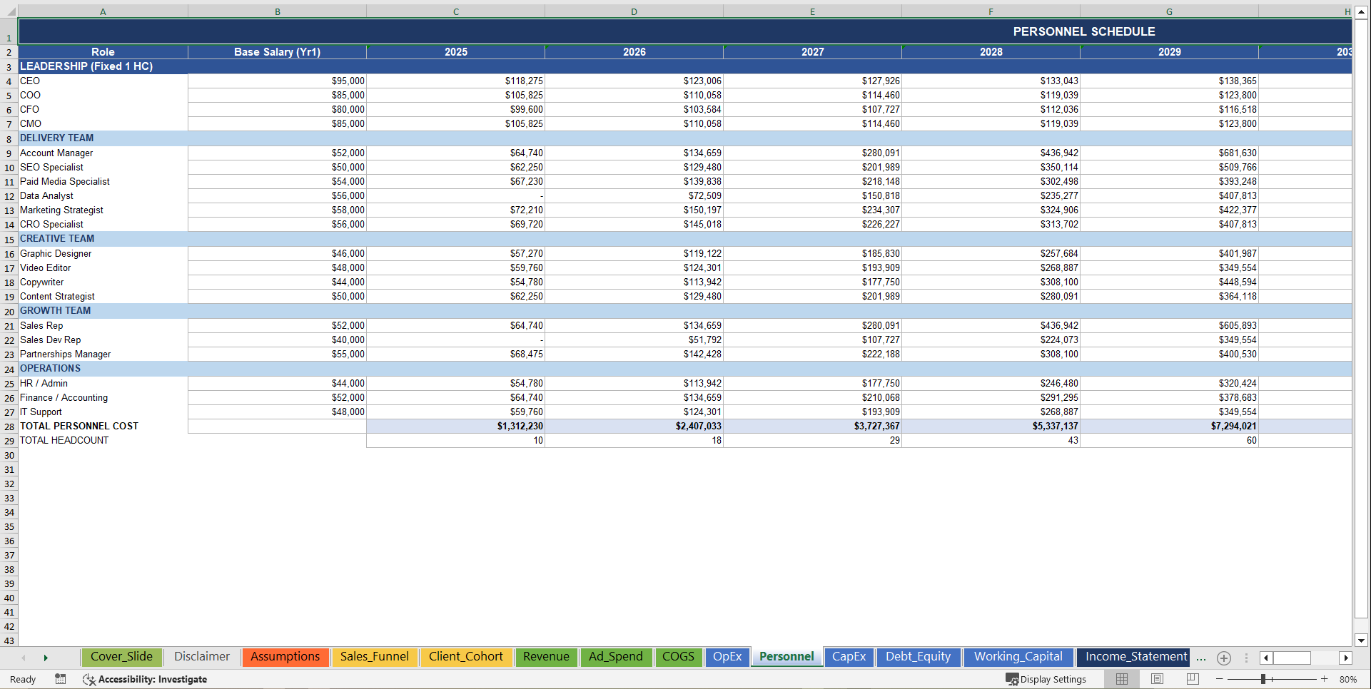 Digital Marketing Agency 10-Year 3 Statement Financial Model (Excel template (XLSX)) Preview Image