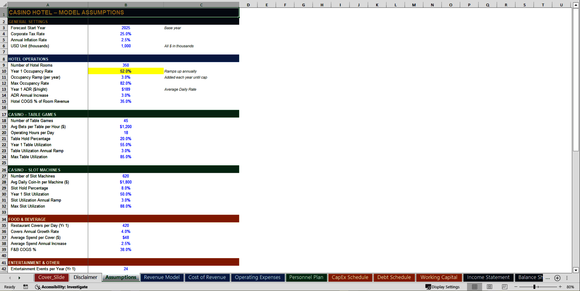 Casino Hotel 10-Year Financial Model (Excel template (XLSX)) Preview Image