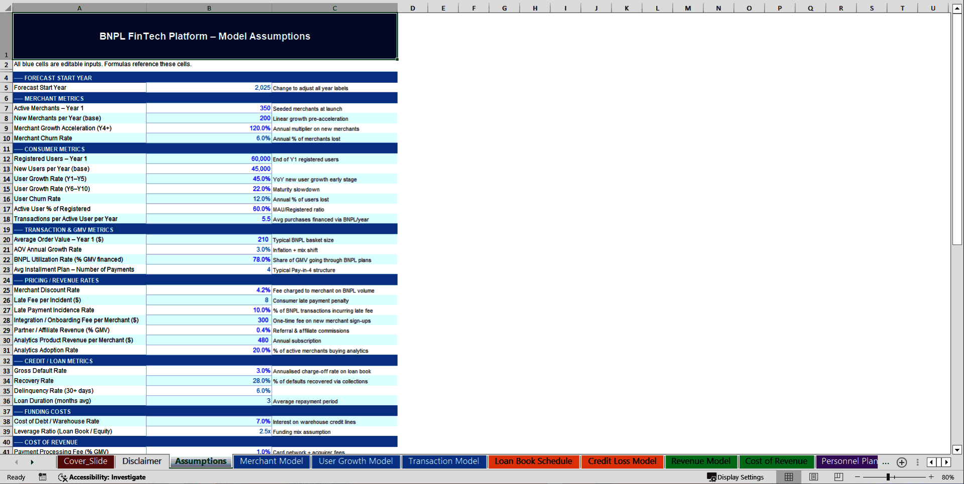 Buy Now Pay Later (BNPL) FinTech 10-Year Financial Model (Excel template (XLSX)) Preview Image