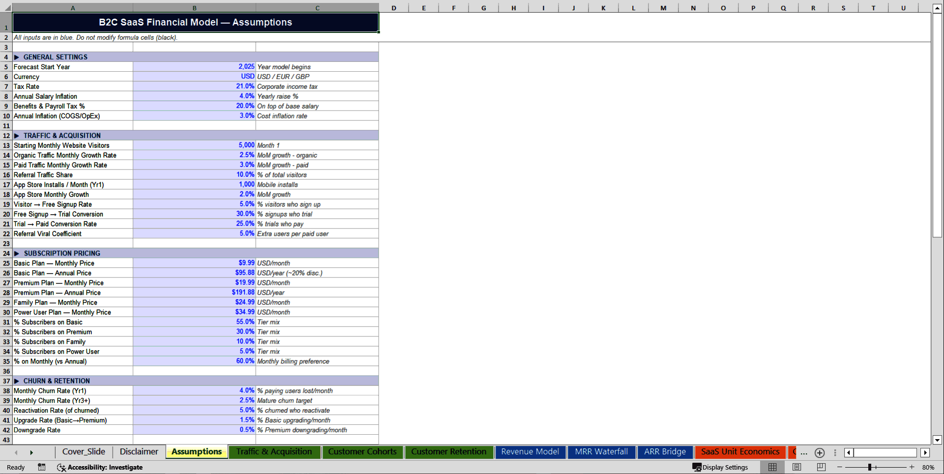 Subscription-Based B2C SaaS 10-Year Financial Model (Excel template (XLSX)) Preview Image