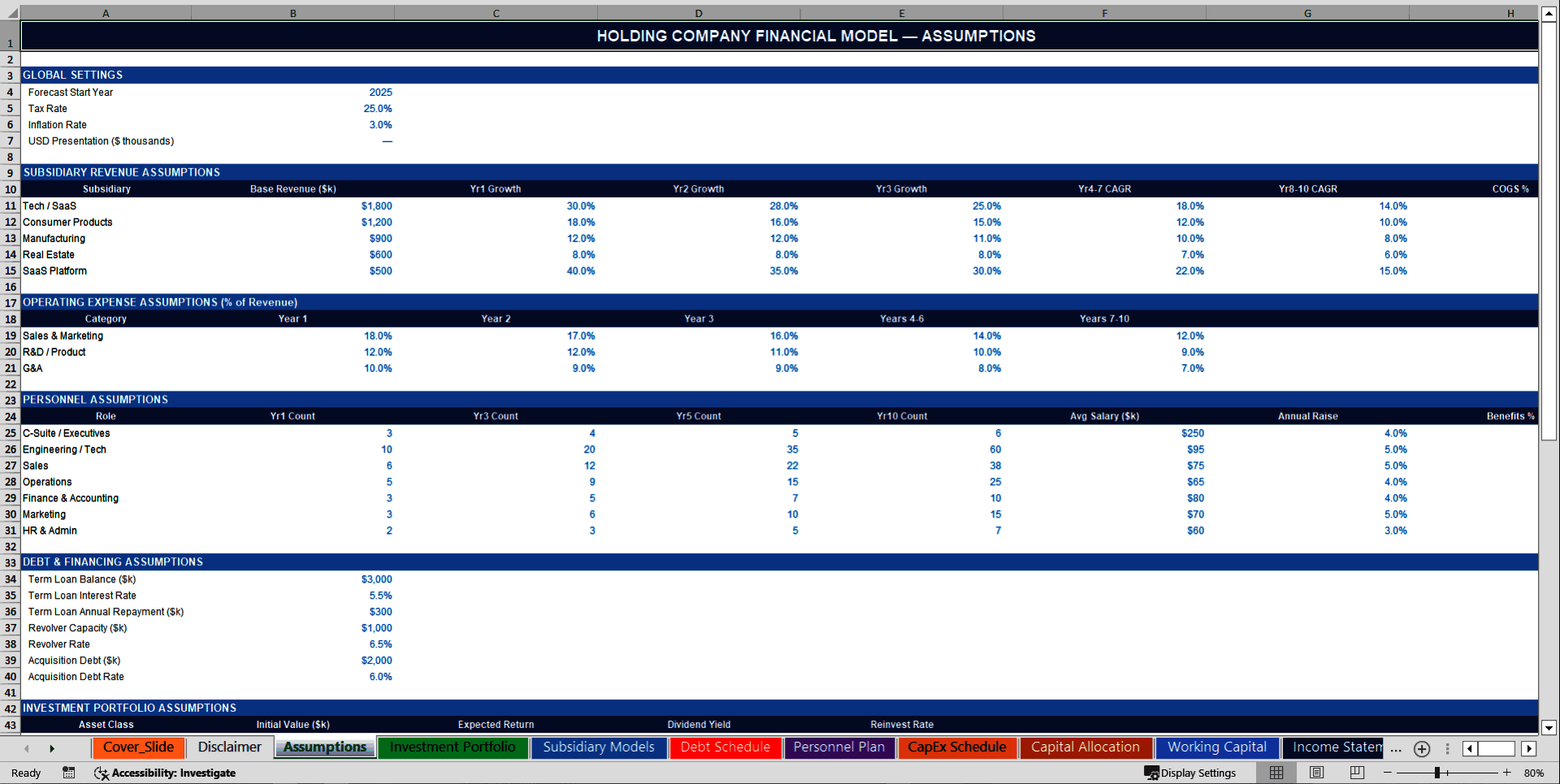 Holding Company 10-Year 3 Statement Financial Model (Excel template (XLSX)) Preview Image