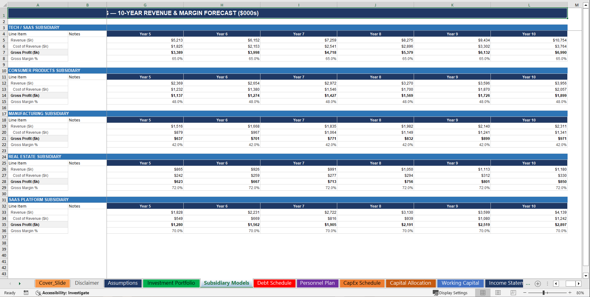 Holding Company 10-Year 3 Statement Financial Model (Excel template (XLSX)) Preview Image