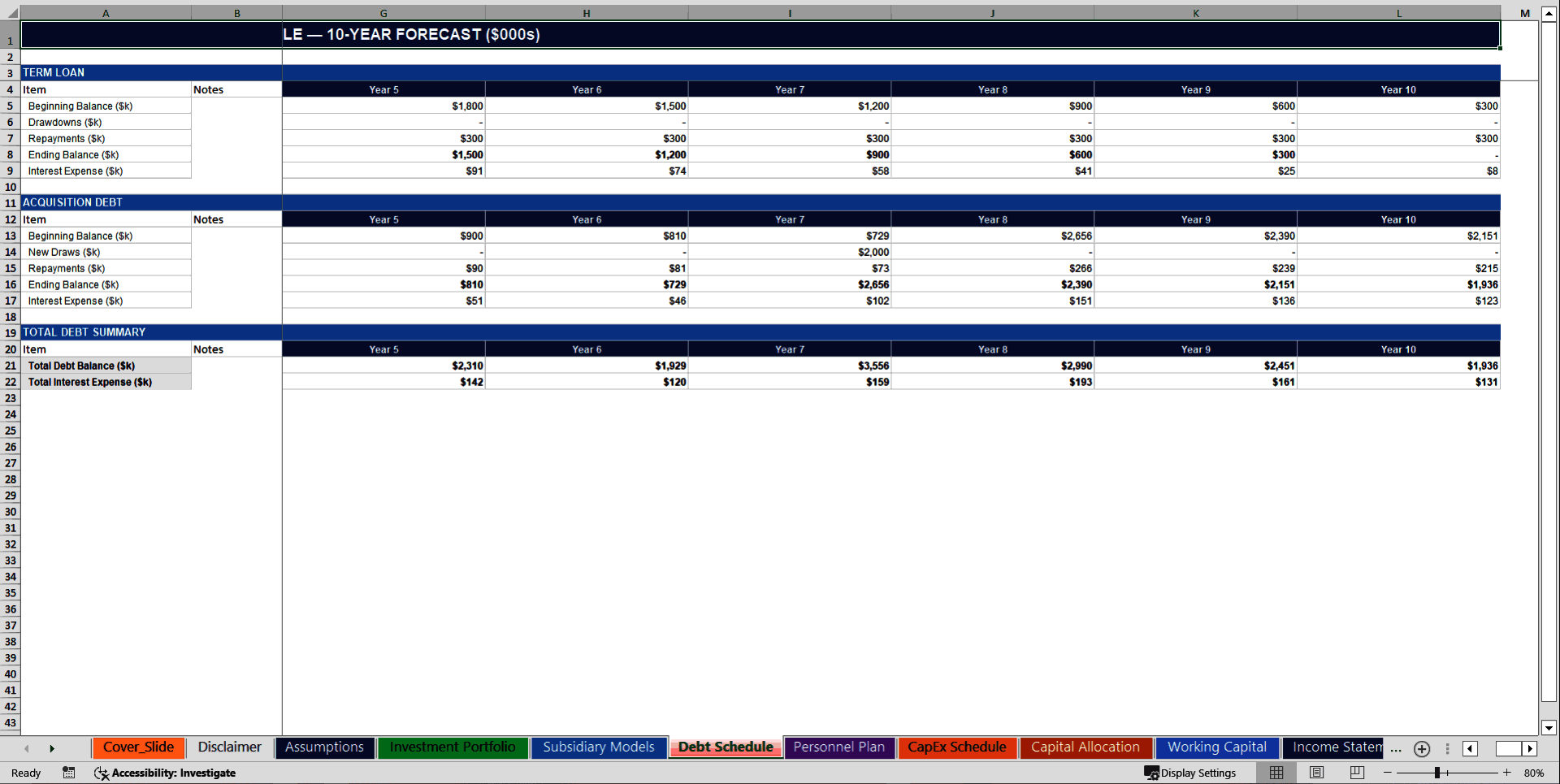 Holding Company 10-Year 3 Statement Financial Model (Excel template (XLSX)) Preview Image