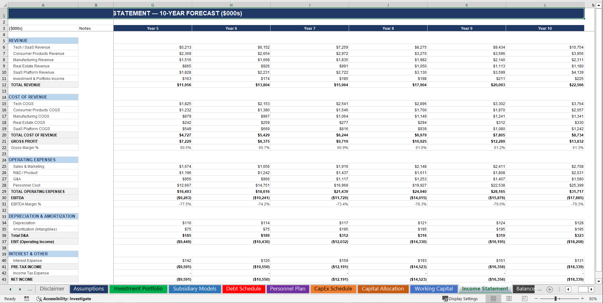 Holding Company 10-Year 3 Statement Financial Model (Excel template (XLSX)) Preview Image