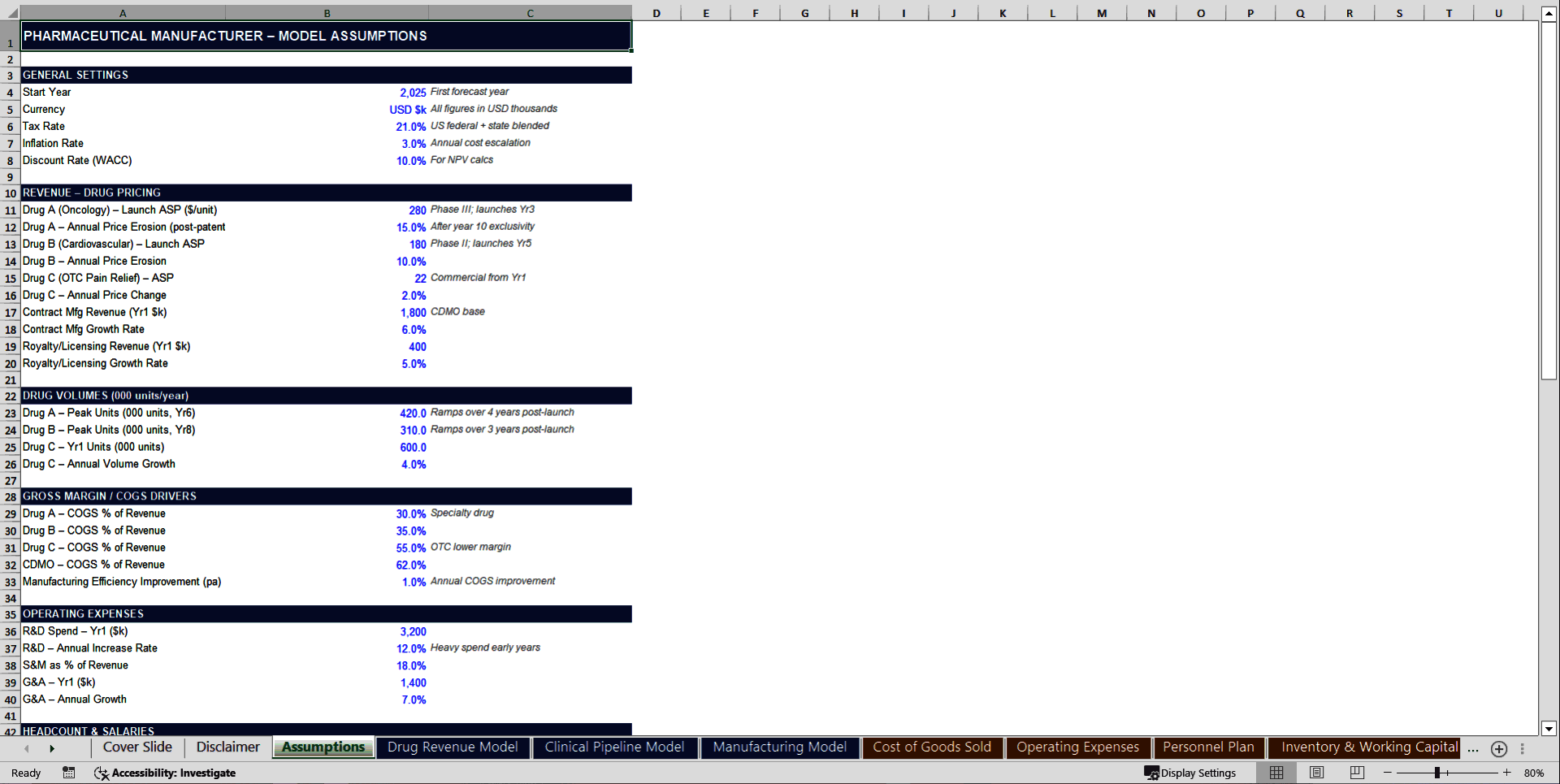Pharmaceutical Manufacturer 10-Year Financial Model (Excel template (XLSX)) Preview Image