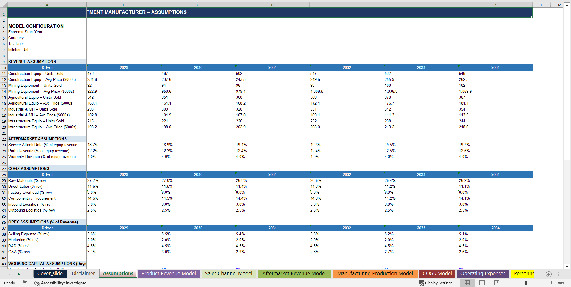 Heavy Equipment Manufacturer 10-Year Financial Model (Excel template (XLSX)) Preview Image
