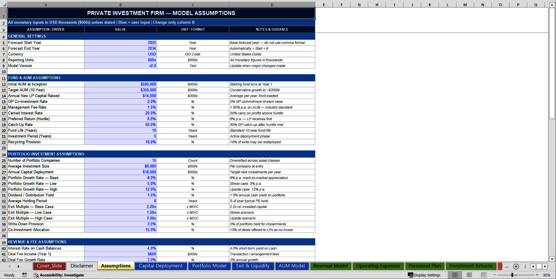 Private Investment Firm 10-Year 3 Statement Financial Model (Excel template (XLSX)) Preview Image