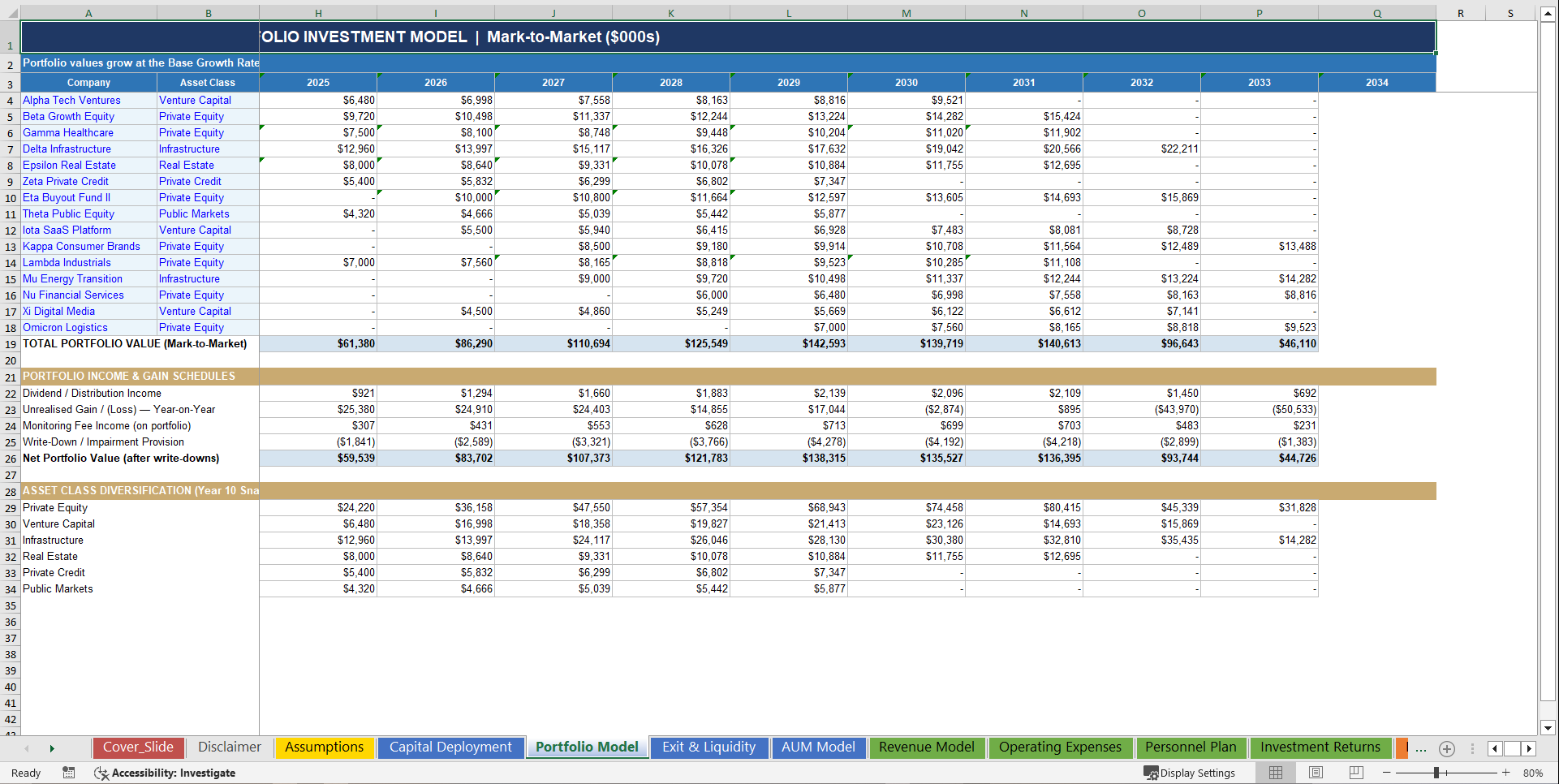 Private Investment Firm 10-Year 3 Statement Financial Model (Excel template (XLSX)) Preview Image