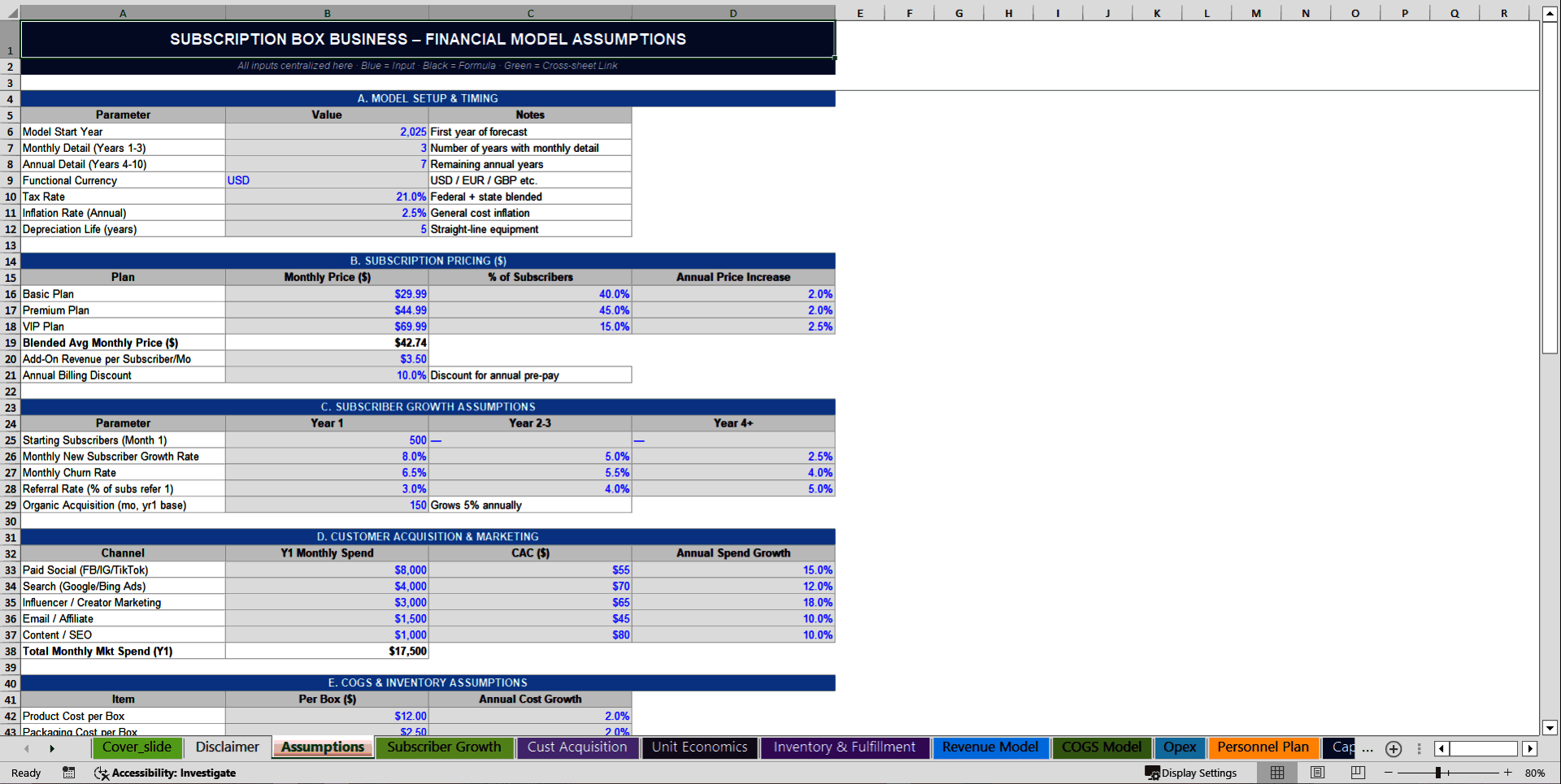 Subscription Box Business (Startup) 10-Year Financial Model (Excel template (XLSX)) Preview Image