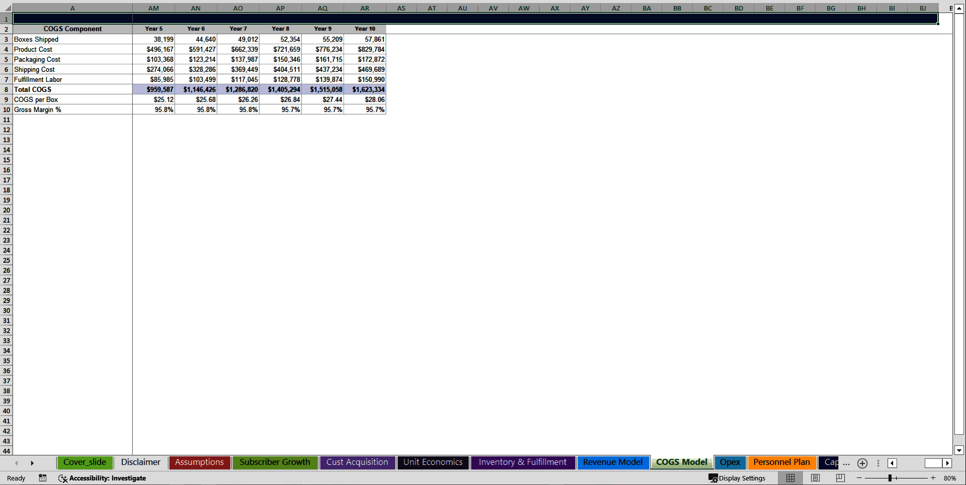 Subscription Box Business (Startup) 10-Year Financial Model (Excel template (XLSX)) Preview Image