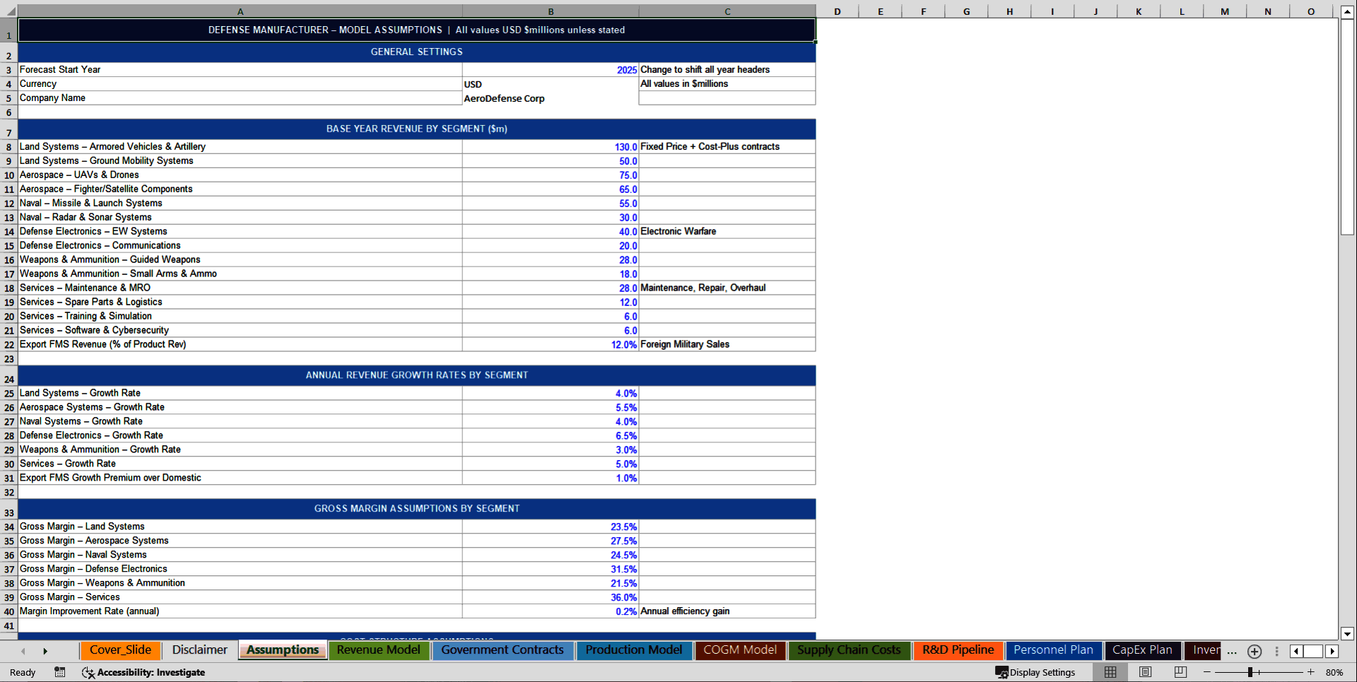 Defense Manufacturer 10-Year Advanced Financial Model (Excel template (XLSX)) Preview Image