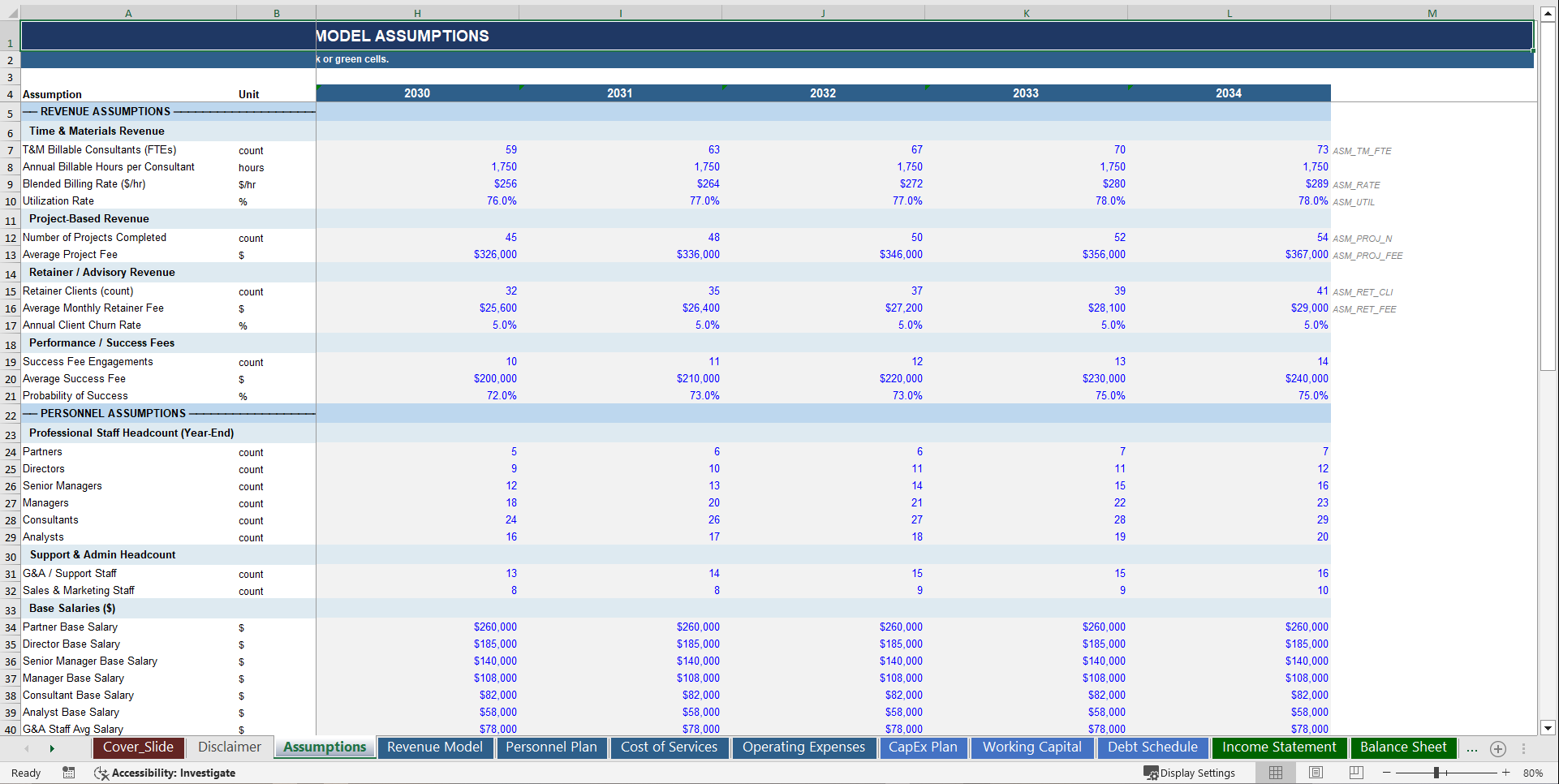 Professional Services Firm 10-Year Advanced Financial Model (Excel template (XLSX)) Preview Image
