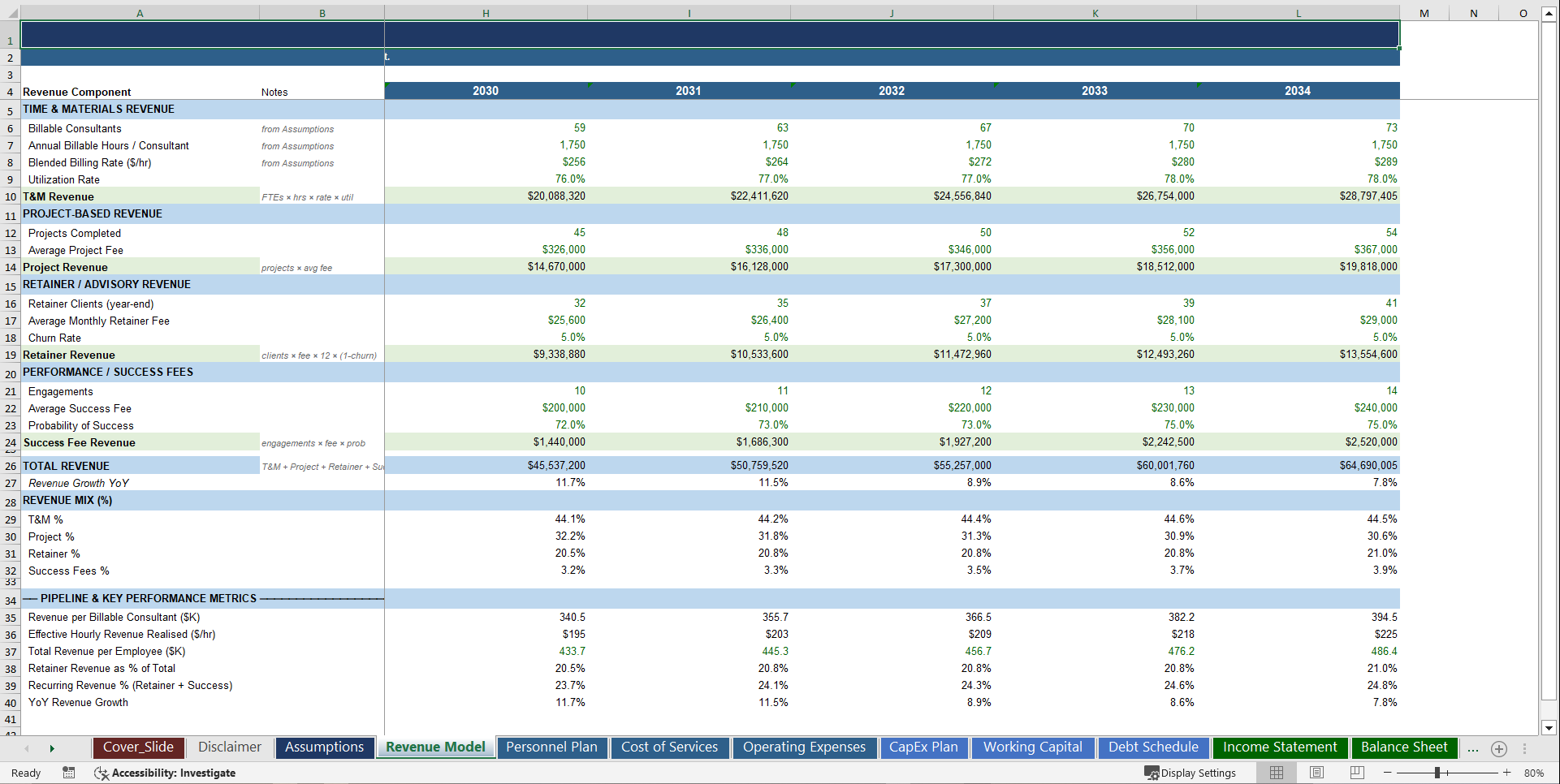 Professional Services Firm 10-Year Advanced Financial Model (Excel template (XLSX)) Preview Image
