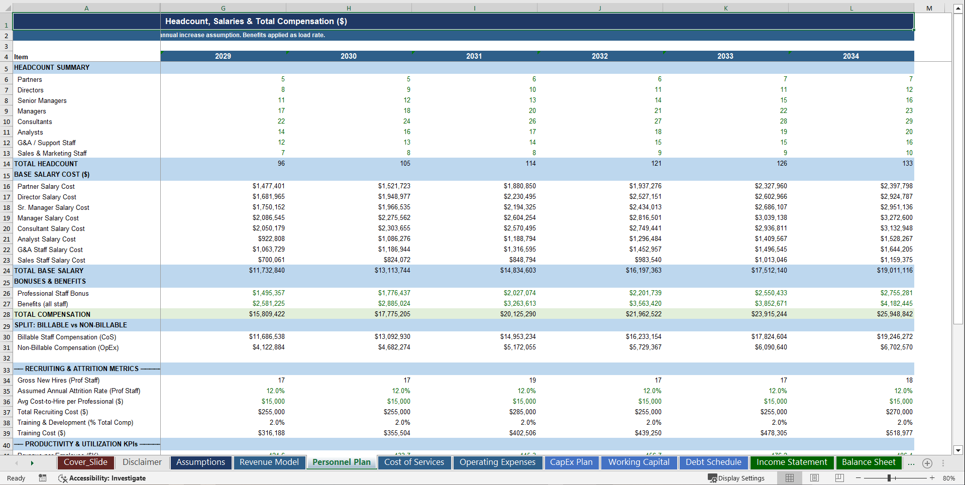Professional Services Firm 10-Year Advanced Financial Model (Excel template (XLSX)) Preview Image