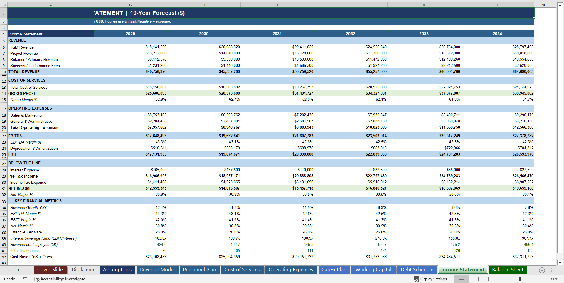 Professional Services Firm 10-Year Advanced Financial Model (Excel template (XLSX)) Preview Image