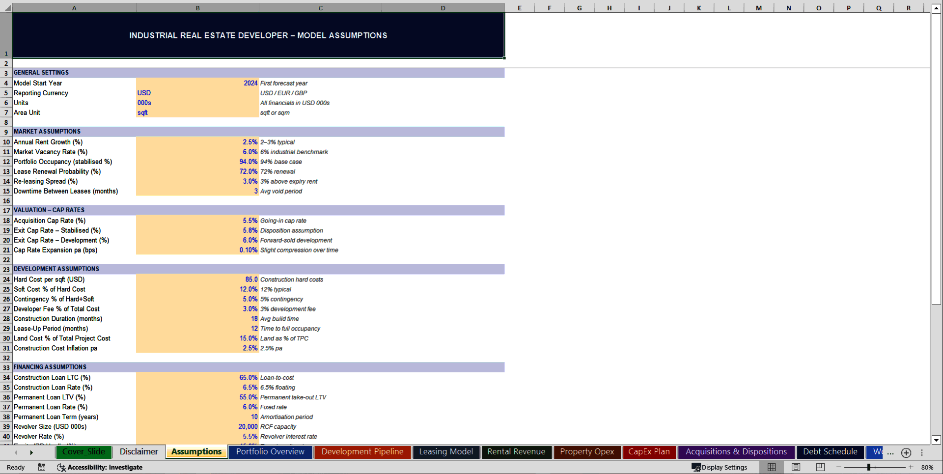 Industrial Real Estate Developer 10-Year Financial Model (Excel template (XLSX)) Preview Image