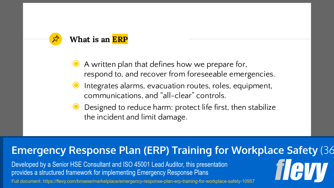 Emergency Response Plan (ERP) Training for Workplace Safety (36-slide PPT PowerPoint presentation slide deck (PPTX)) Preview Image