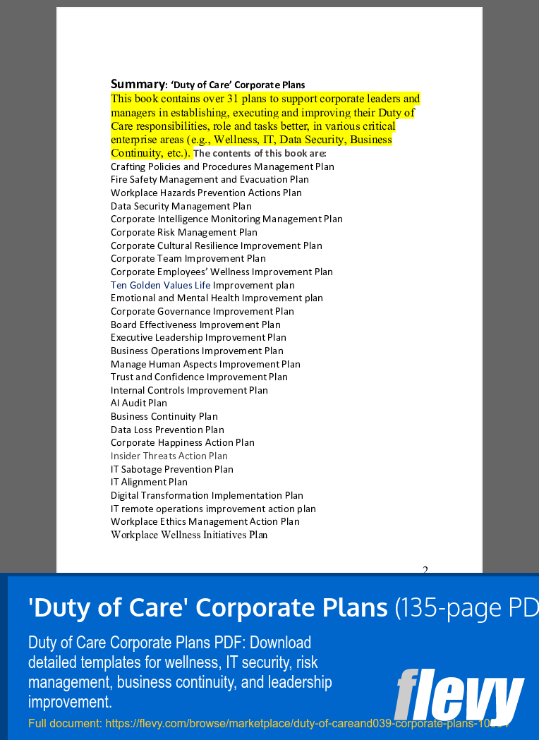 'Duty of Care' Corporate Plans (135-page PDF document) Preview Image