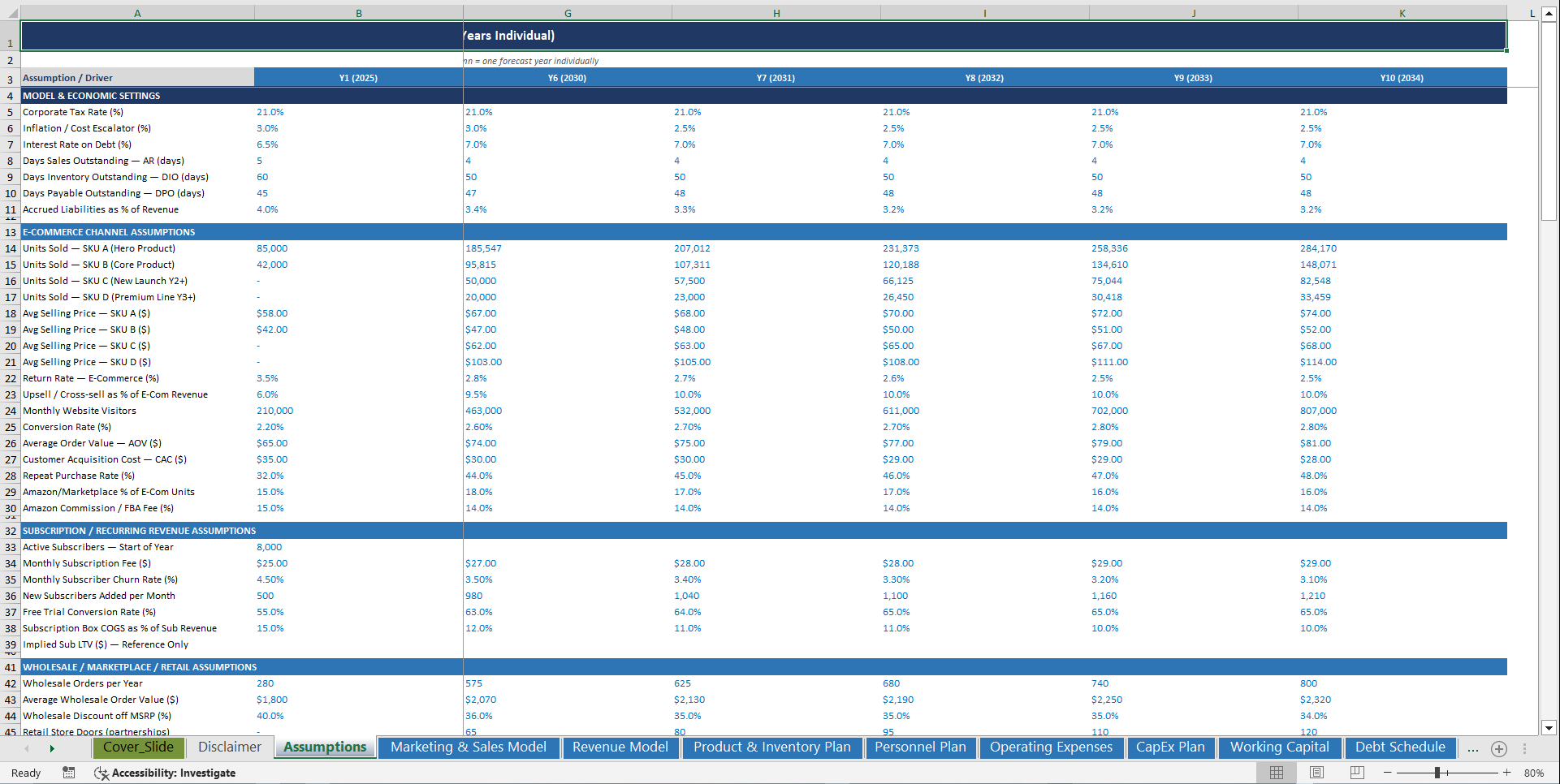 Direct-to-Consumer (D2C) Business 10-Year Financial Model (Excel template (XLSX)) Preview Image