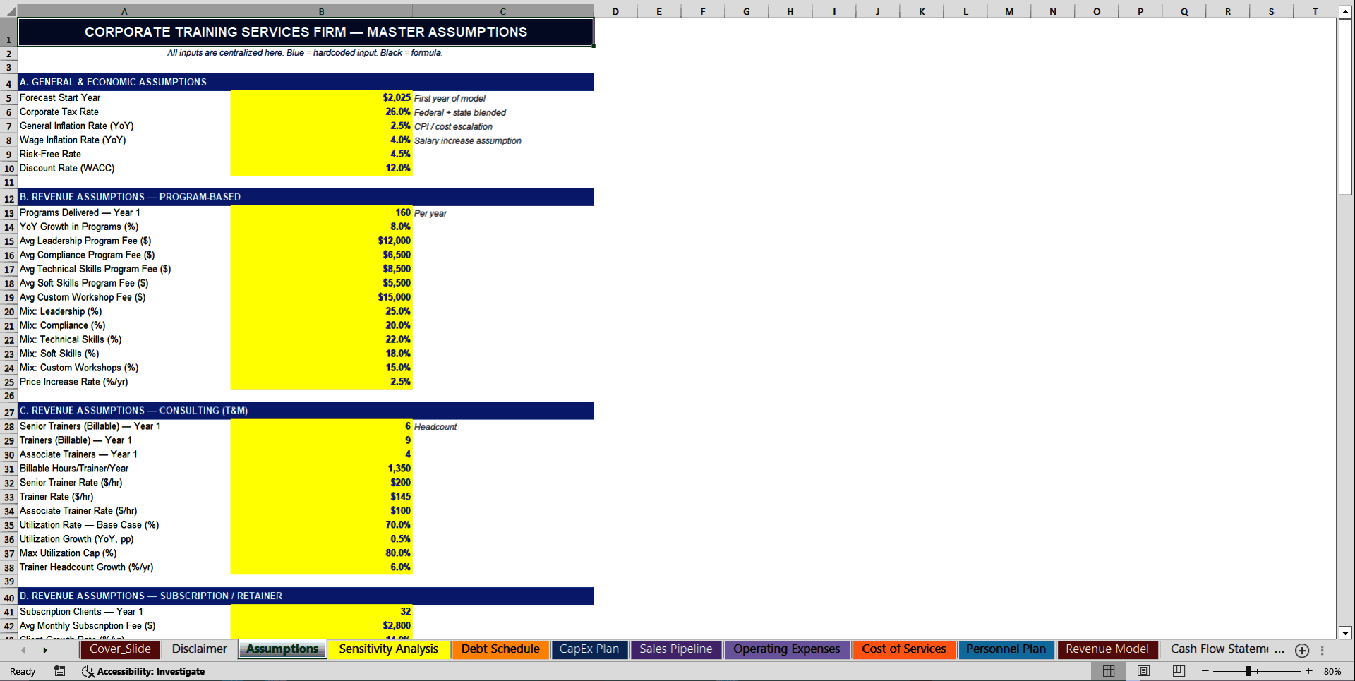 Corporate Training Services Firm 10-Year Financial Model (Excel template (XLSX)) Preview Image
