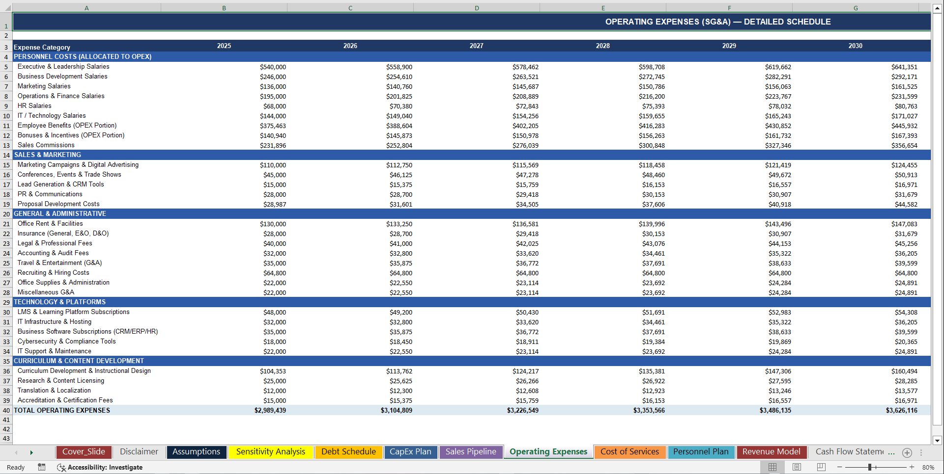 Corporate Training Services Firm 10-Year Financial Model (Excel template (XLSX)) Preview Image