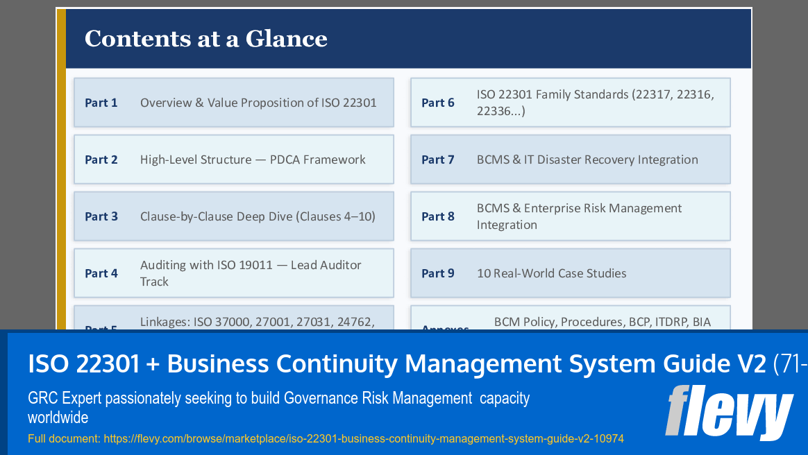 ISO 22301 + Business Continuity Management System Guide V2 (71-slide PPT PowerPoint presentation slide deck (PPTX)) Preview Image