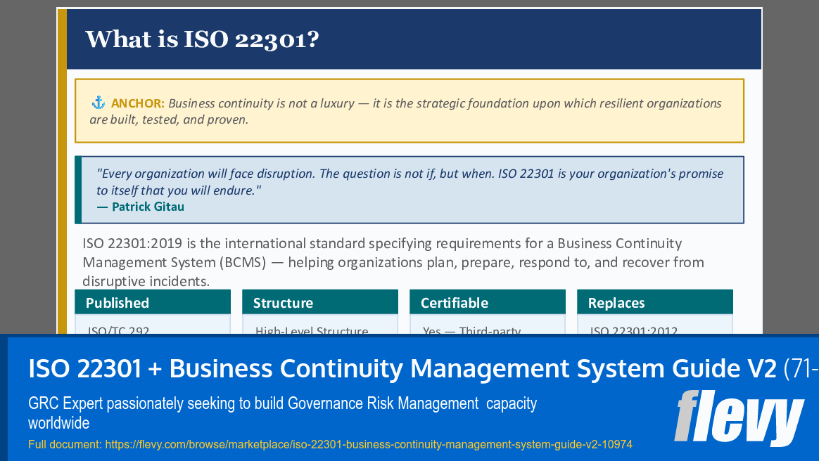 ISO 22301 + Business Continuity Management System Guide V2 (71-slide PPT PowerPoint presentation slide deck (PPTX)) Preview Image