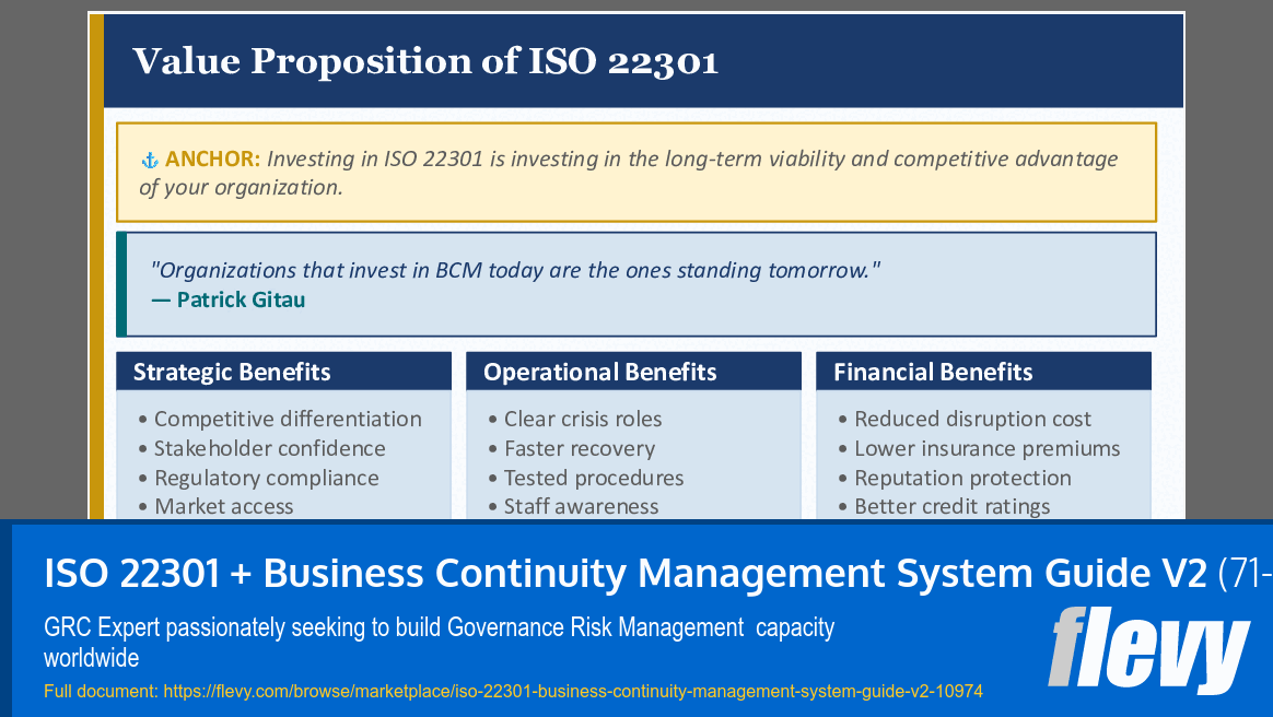 ISO 22301 + Business Continuity Management System Guide V2 (71-slide PPT PowerPoint presentation slide deck (PPTX)) Preview Image