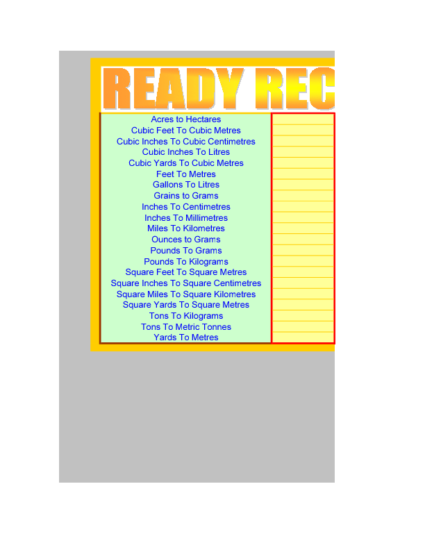 Ready Reckoner (Excel template (XLS)) Preview Image