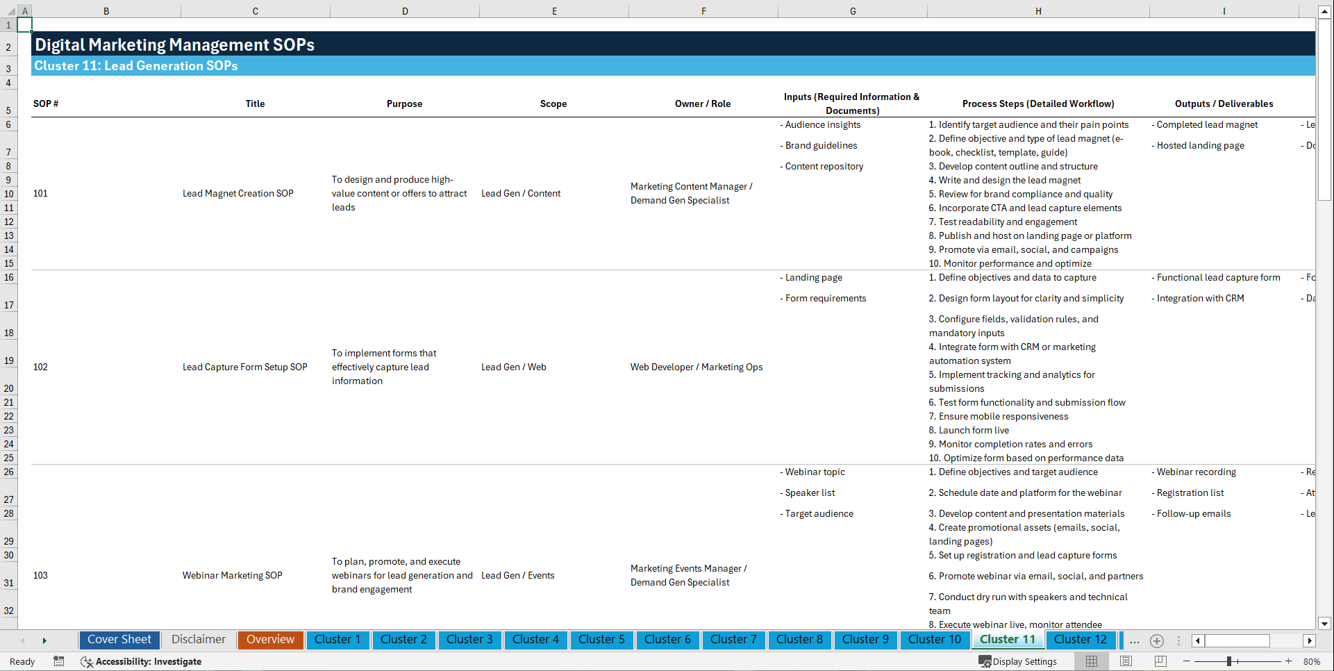 100+ Digital Marketing Management SOPs (Excel template (XLSX)) Preview Image