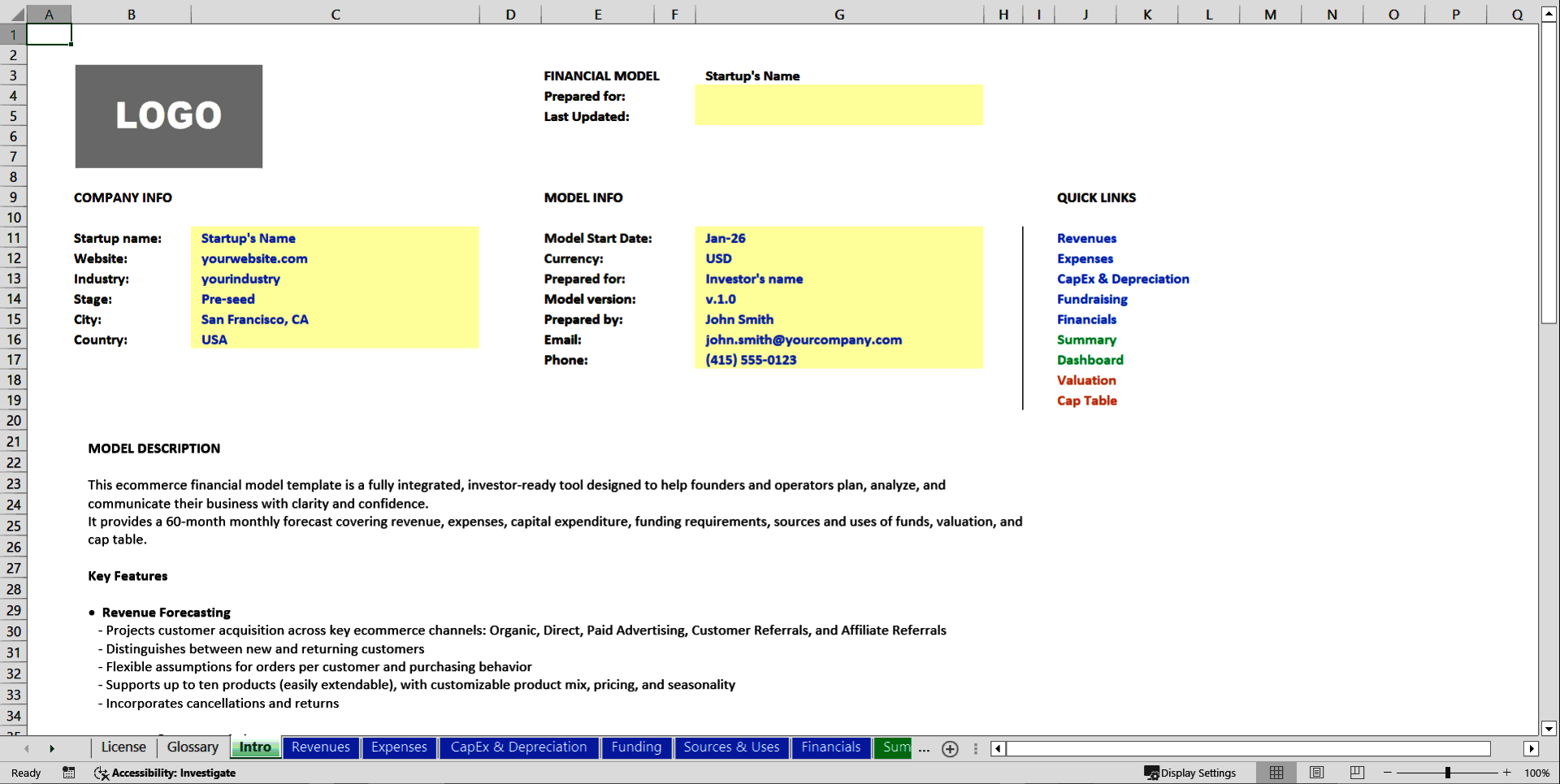 Investor-Ready Ecommerce Financial Model (Excel template (XLSX)) Preview Image