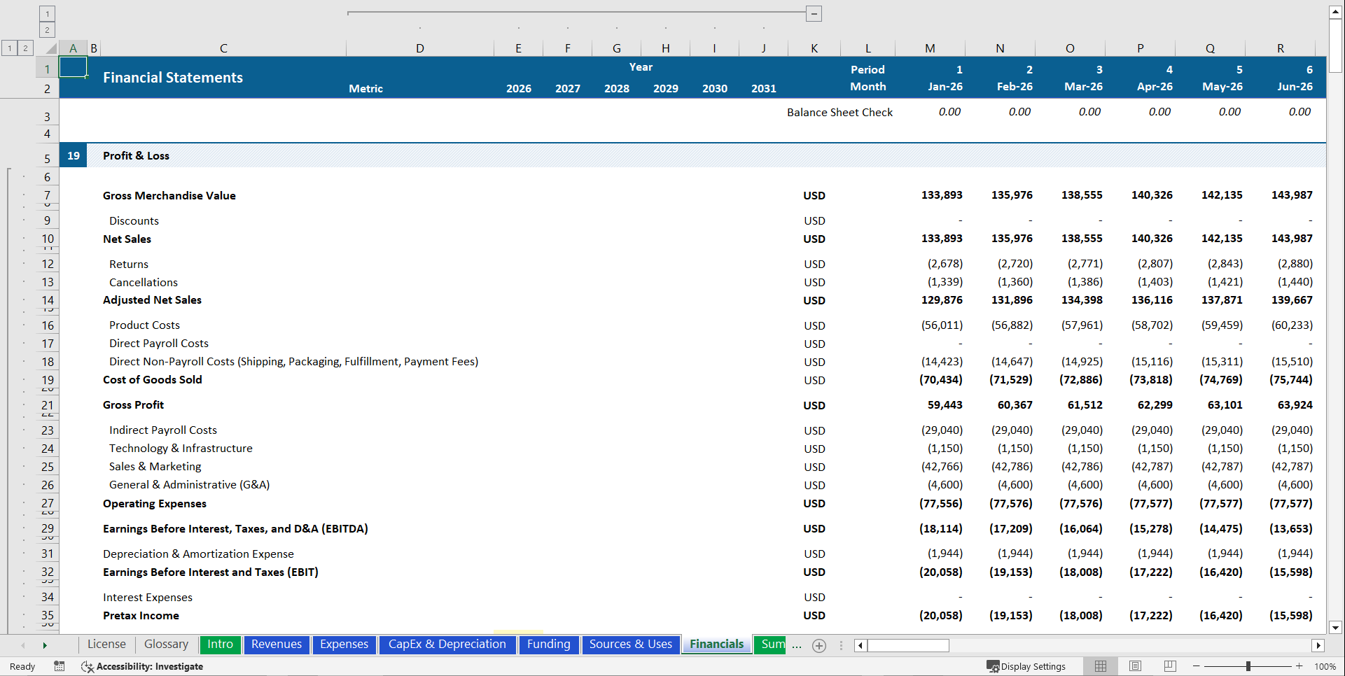 Investor-Ready Ecommerce Financial Model (Excel template (XLSX)) Preview Image