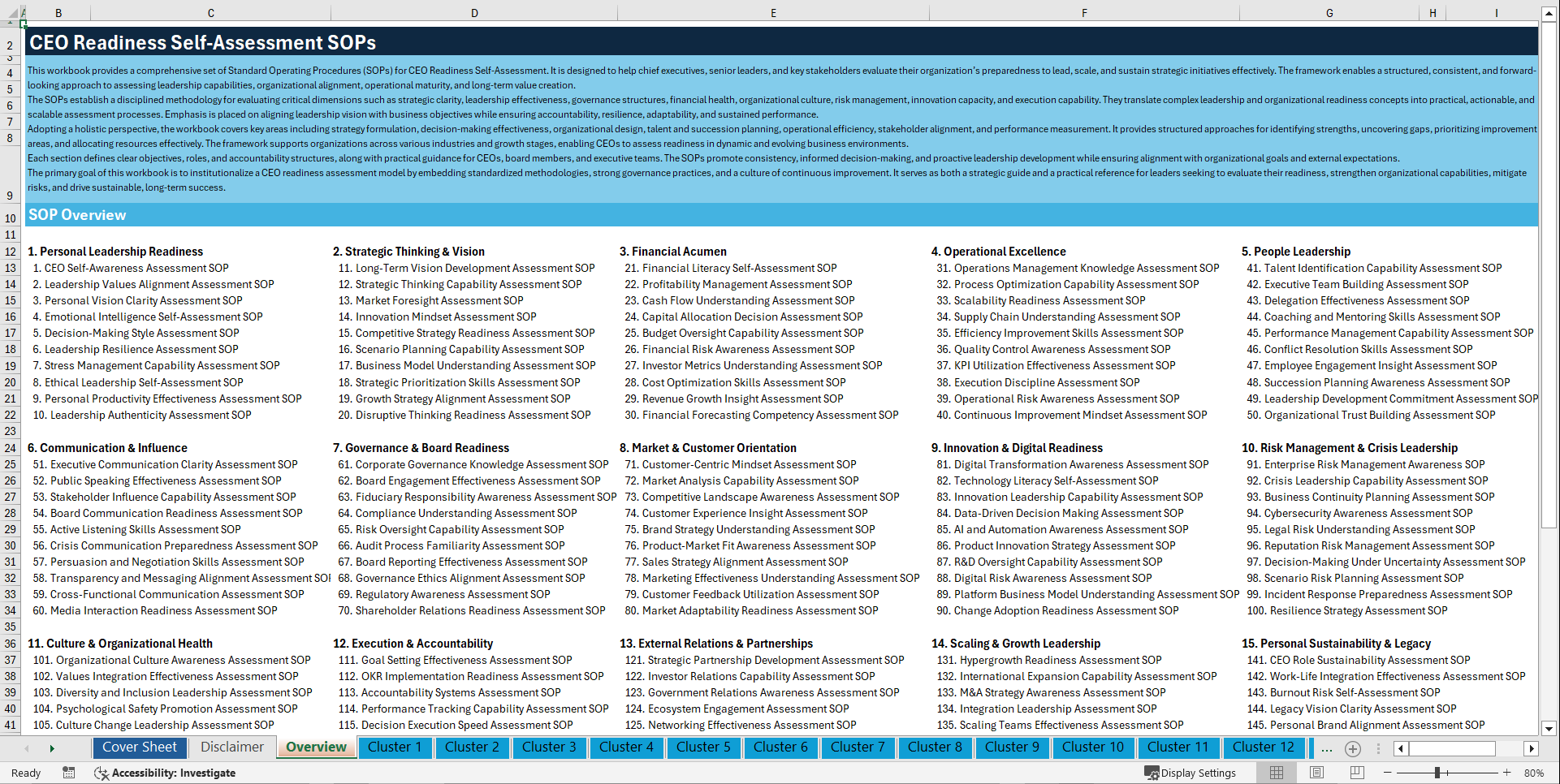 100+ CEO Readiness Self-Assessment SOPs (Excel template (XLSX)) Preview Image