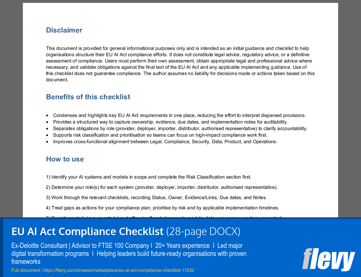 EU AI Act Compliance Checklist (28-page Word document) Preview Image