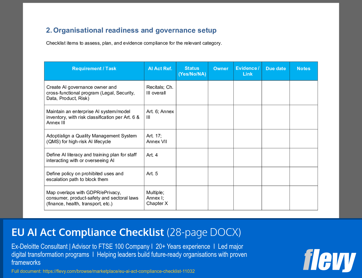 EU AI Act Compliance Checklist (28-page Word document) Preview Image