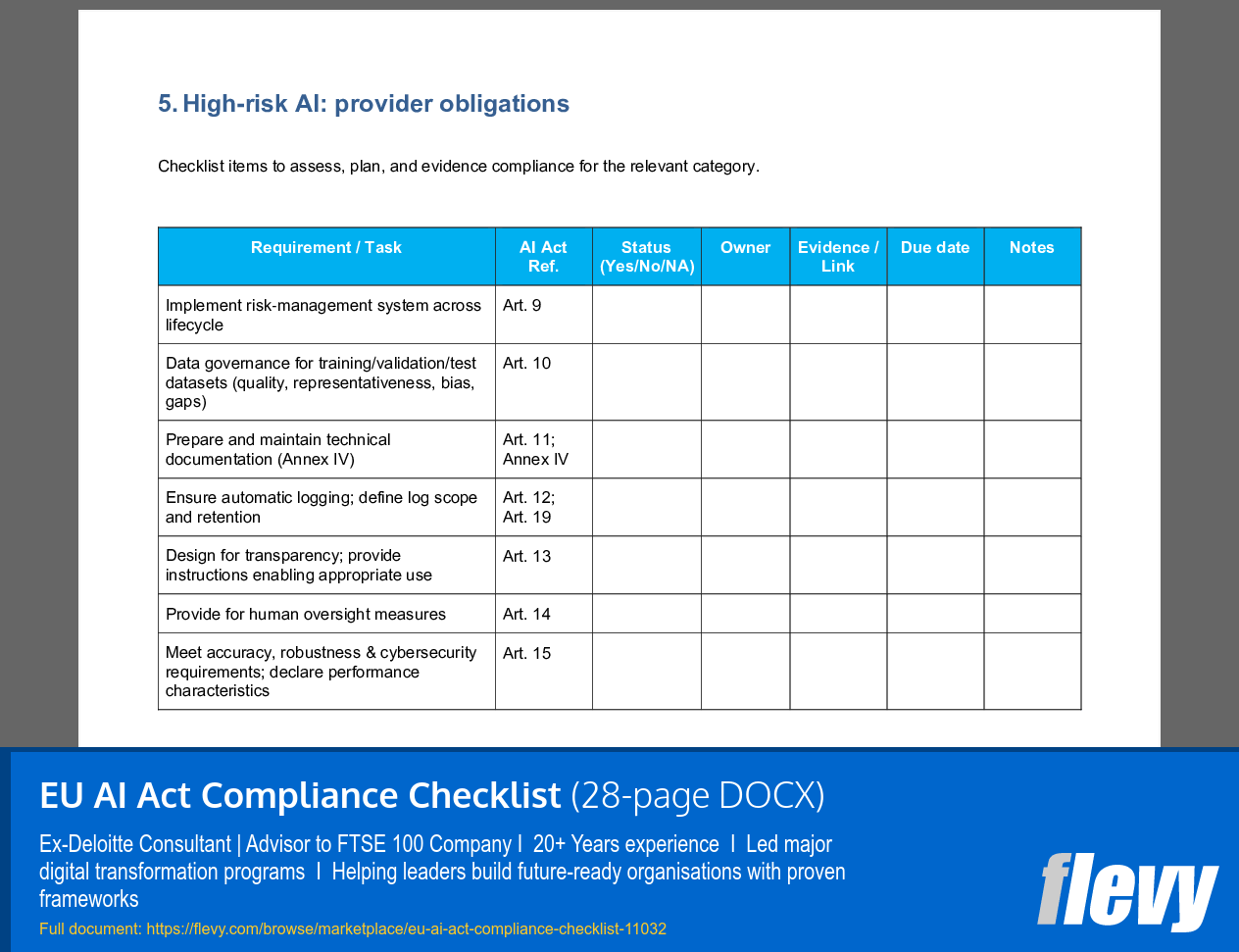 EU AI Act Compliance Checklist (28-page Word document) Preview Image
