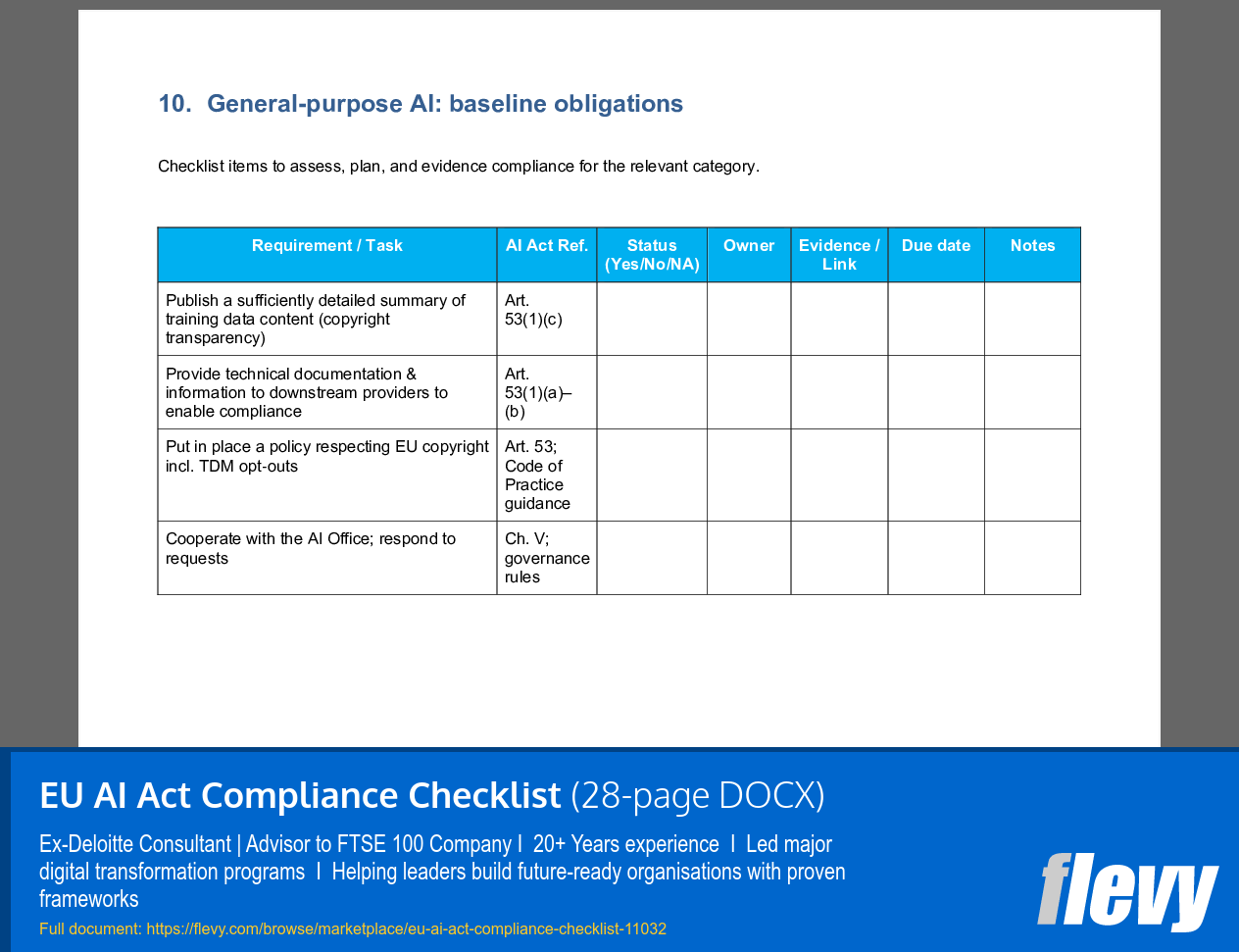 EU AI Act Compliance Checklist (28-page Word document) Preview Image
