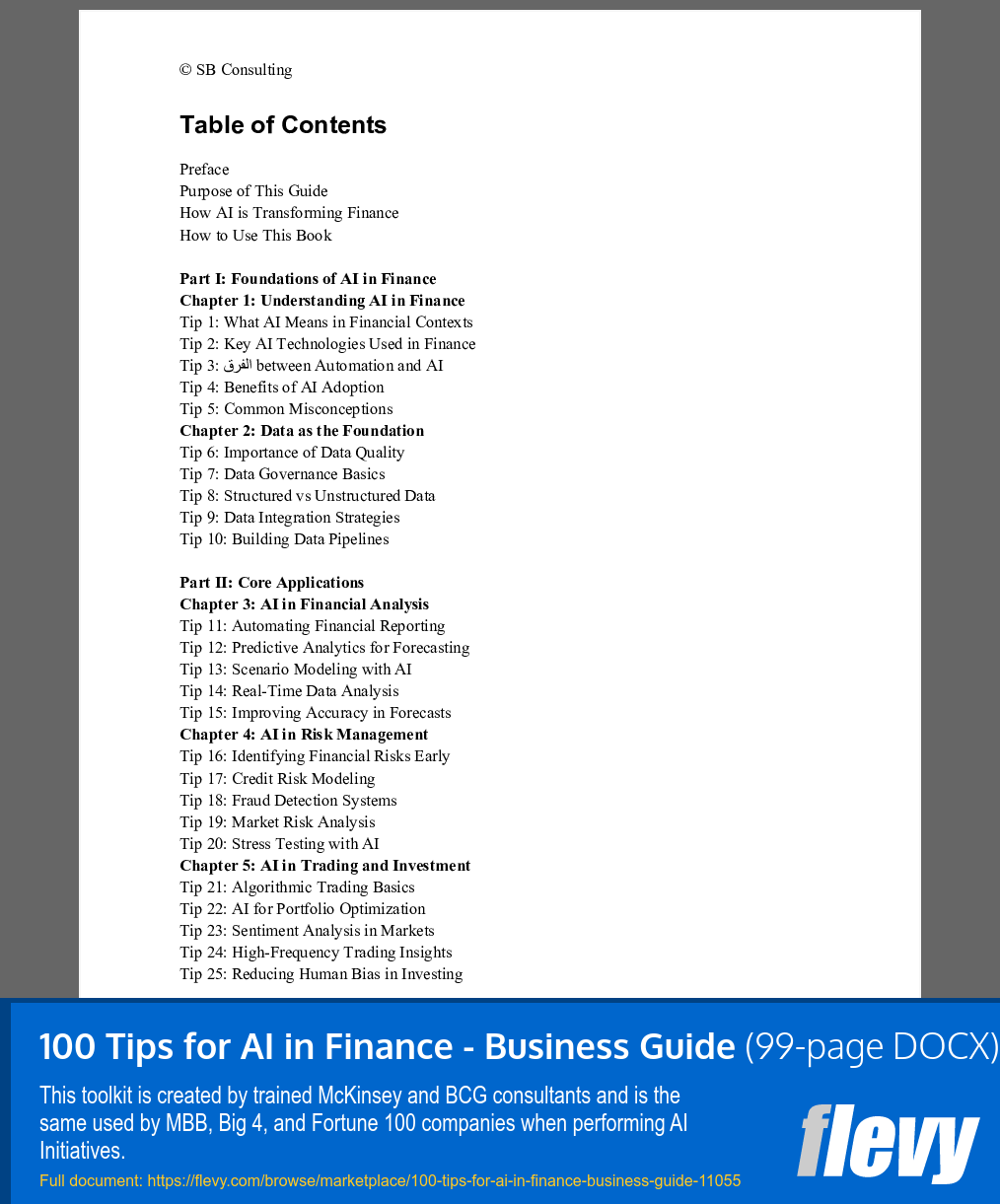 100 Tips for AI in Finance - Business Guide (99-page Word document) Preview Image
