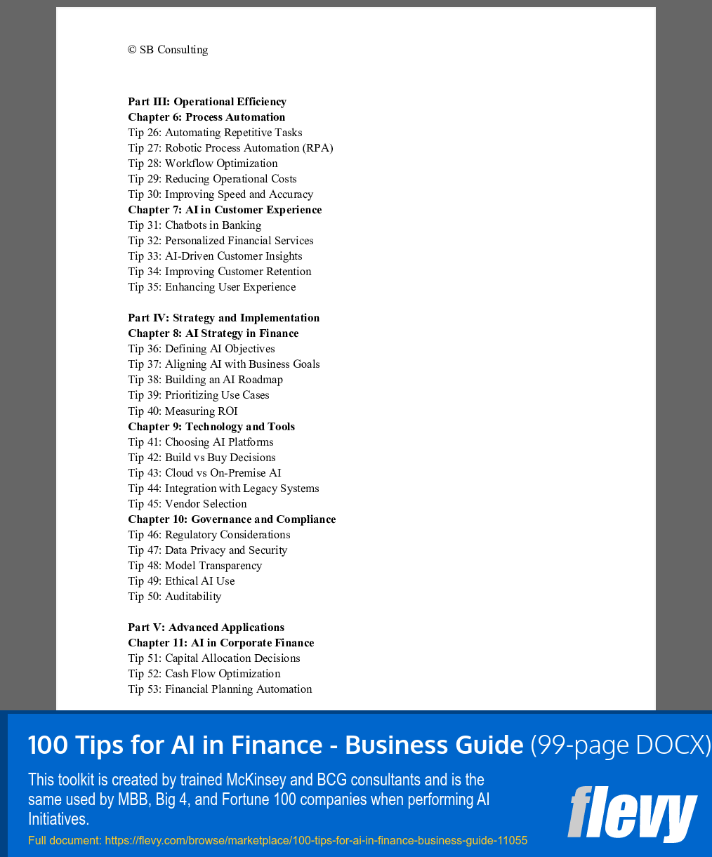 100 Tips for AI in Finance - Business Guide (99-page Word document) Preview Image