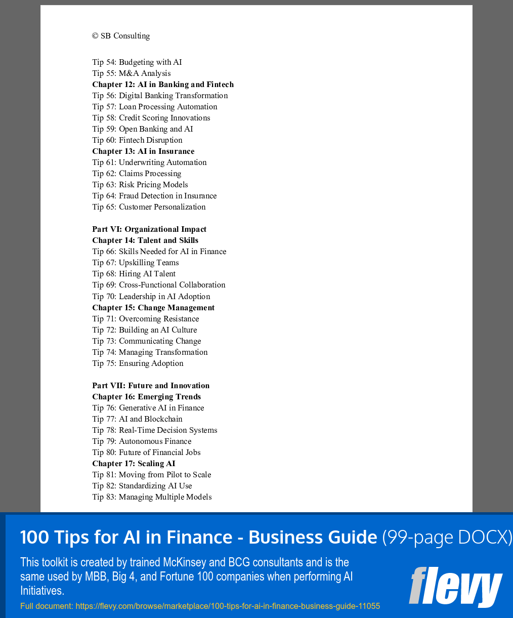 100 Tips for AI in Finance - Business Guide (99-page Word document) Preview Image
