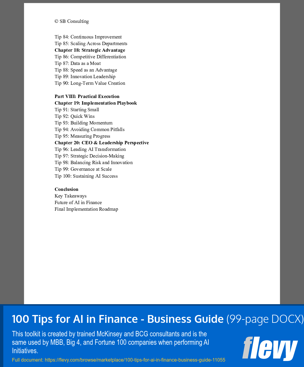 100 Tips for AI in Finance - Business Guide (99-page Word document) Preview Image