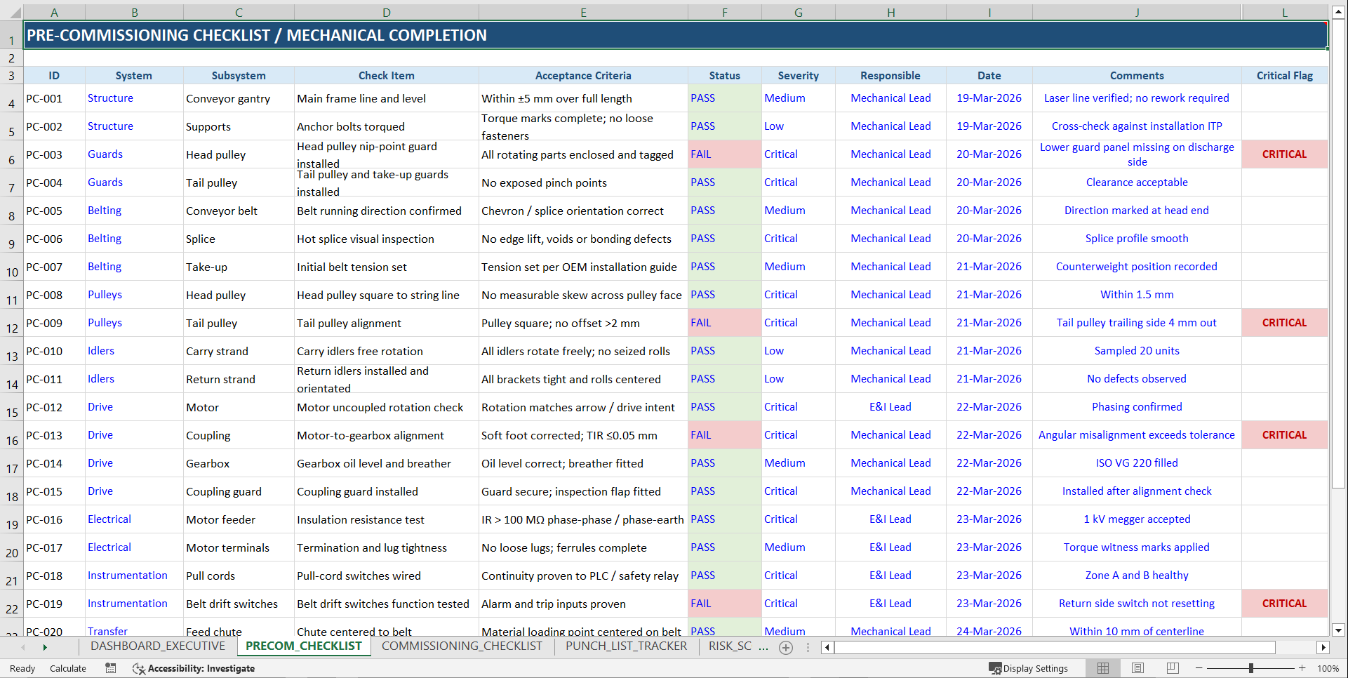 Conveyor Commissioning & Risk Assessment Toolkit ISO 14224 (Excel template (XLSX)) Preview Image