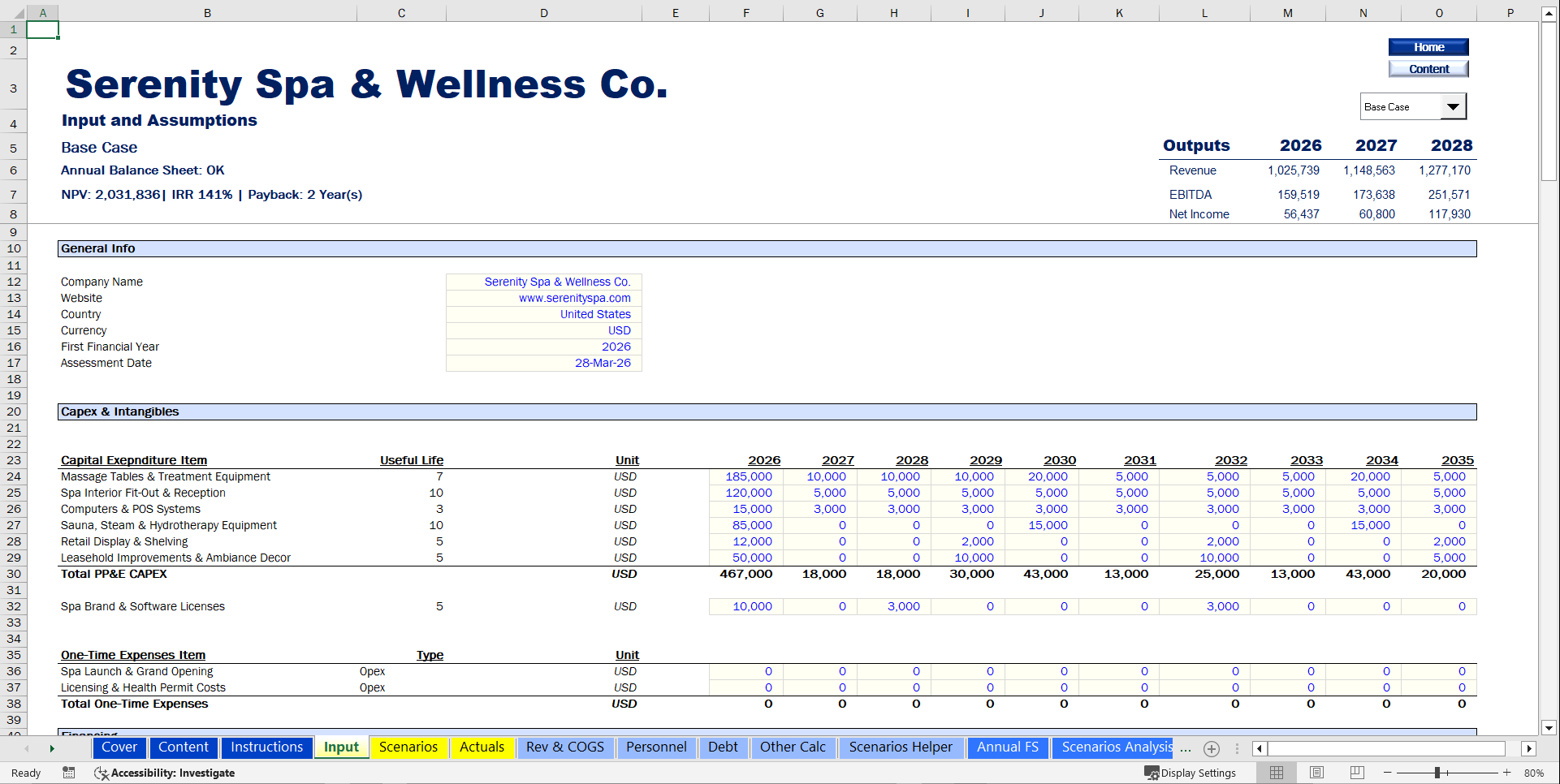 Spa & Wellness Center Financial Model (10-Year Forecast) (Excel template (XLSX)) Preview Image