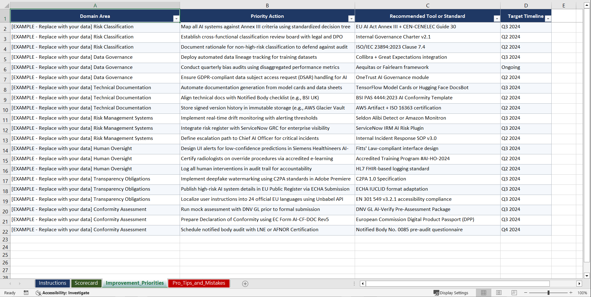 EU AI Act Compliance and Risk Classification Playbook (Excel template (XLSX)) Preview Image