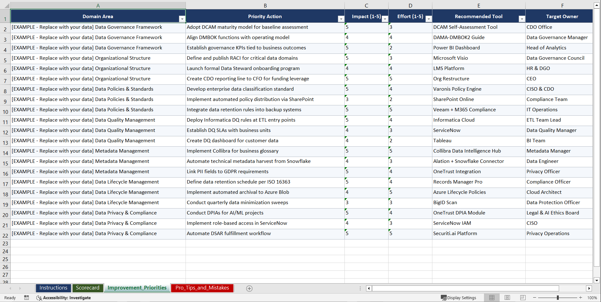 Data Governance and Data Quality Management Playbook (Excel template (XLSX)) Preview Image